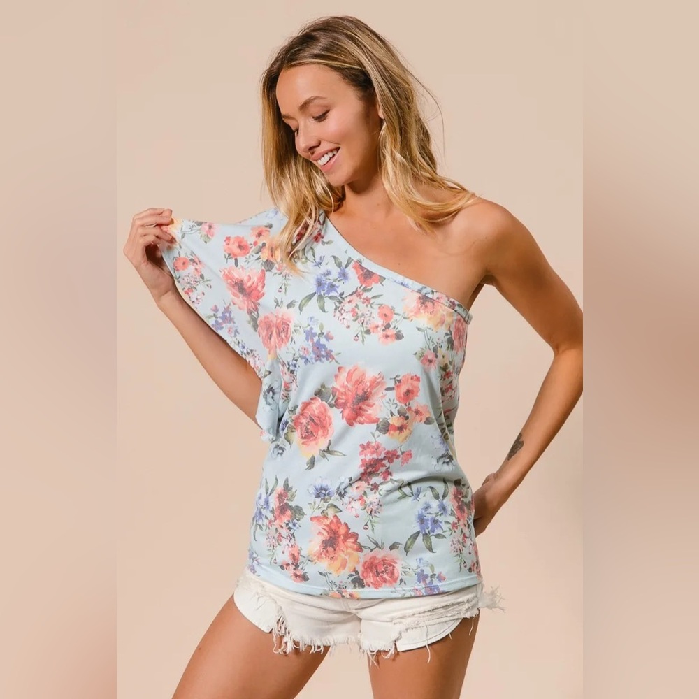 BiBi Floral Printed Jersey Knit Ruffle Sleeve Top